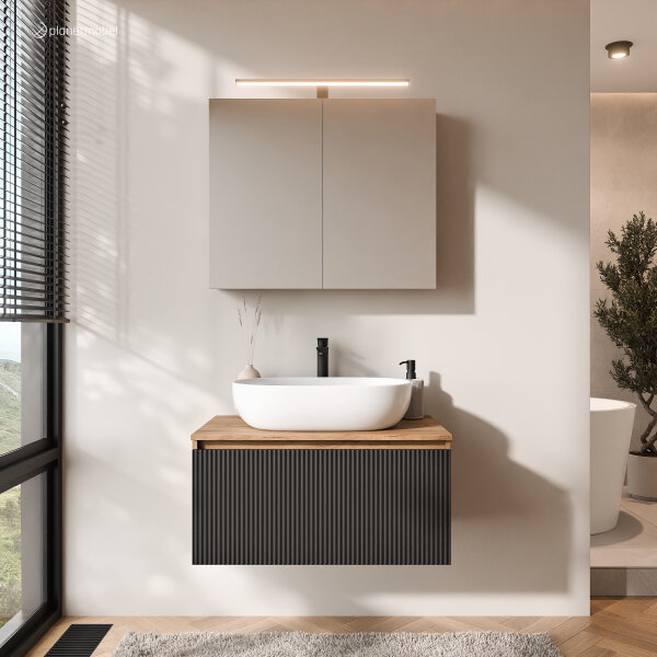 ARISA Badmöbel Set in Schwarz Geriffelt - Mit Spiegelschrank "ARIA" und weißem Keramik-Aufsatzwaschbecken 60 cm