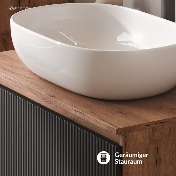 ARISA Badmöbel Set in Schwarz Geriffelt - Mit Spiegelschrank "ARIA" und weißem Keramik-Aufsatzwaschbecken 60 cm