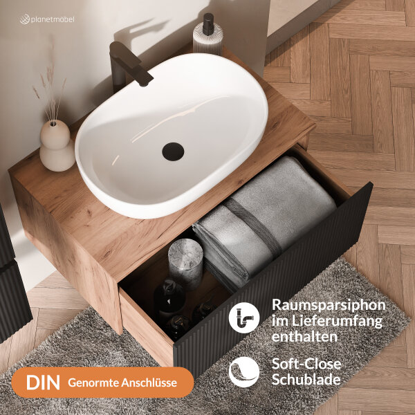 ARISA Badmöbel Set in Schwarz Geriffelt - Mit Spiegelschrank "ARIA" und weißem Keramik-Aufsatzwaschbecken 60 cm