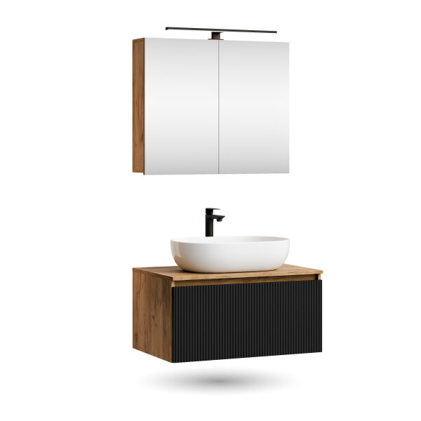 ARISA Badmöbel Set in Schwarz Geriffelt - Mit Spiegelschrank "ARIA" und weißem Keramik-Aufsatzwaschbecken 60 cm