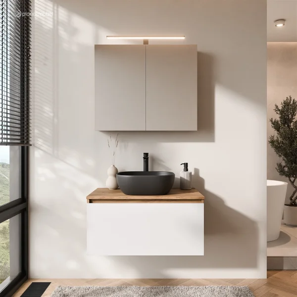 Ensemble de meubles de salle de bains ARISA en blanc - Avec armoire de toilette « ARIA » et lavabo à poser en céramique noir de 42 cm