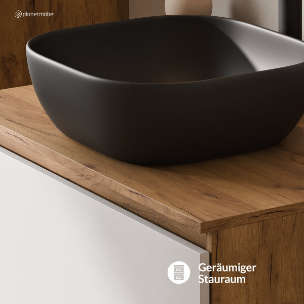 ARISA Badmöbel Set in Weiß - Mit Spiegelschrank "ARIA" und schwarzem Keramik-Aufsatzwaschbecken 42 cm