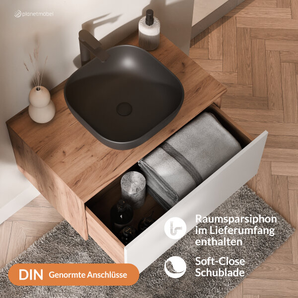 ARISA Badmöbel Set in Weiß - Mit Spiegelschrank "ARIA" und schwarzem Keramik-Aufsatzwaschbecken 42 cm