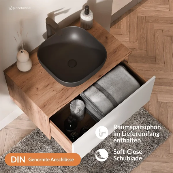 Ensemble de meubles de salle de bains ARISA en blanc - Avec armoire de toilette « ARIA » et lavabo à poser en céramique noir de 42 cm