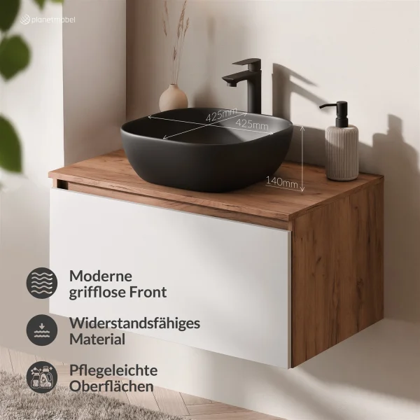 Ensemble de meubles de salle de bains ARISA en blanc - Avec armoire de toilette « ARIA » et lavabo à poser en céramique noir de 42 cm