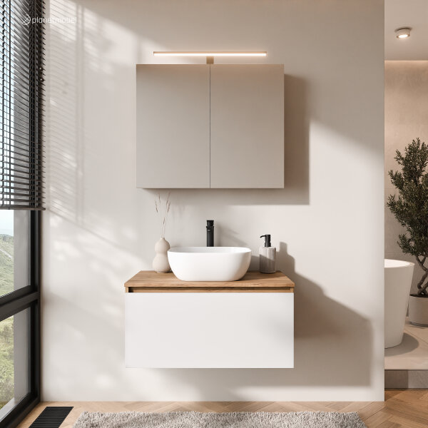 ARISA Badmöbel Set in Weiß - Mit Spiegelschrank "ARIA" und weißem Keramik-Aufsatzwaschbecken 42 cm