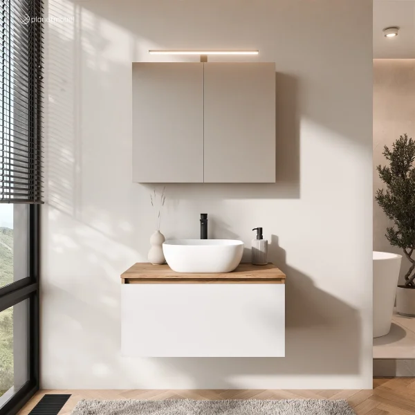 Ensemble de meubles de salle de bains ARISA en blanc - Avec armoire de toilette « ARIA » et lavabo à poser en céramique blanche de 42 cm
