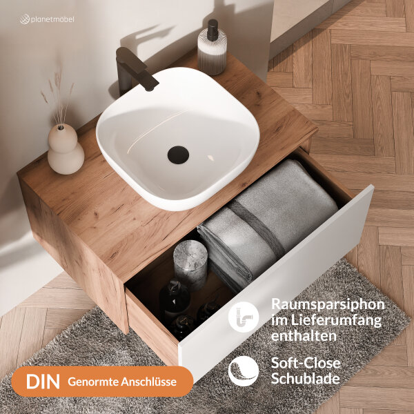 ARISA Badmöbel Set in Weiß - Mit Spiegelschrank "ARIA" und weißem Keramik-Aufsatzwaschbecken 42 cm