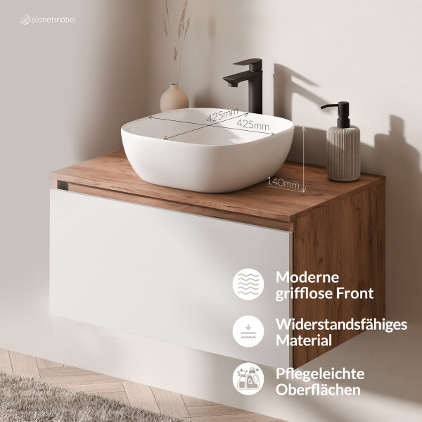 ARISA Badmöbel Set in Weiß - Mit Spiegelschrank "ARIA" und weißem Keramik-Aufsatzwaschbecken 42 cm