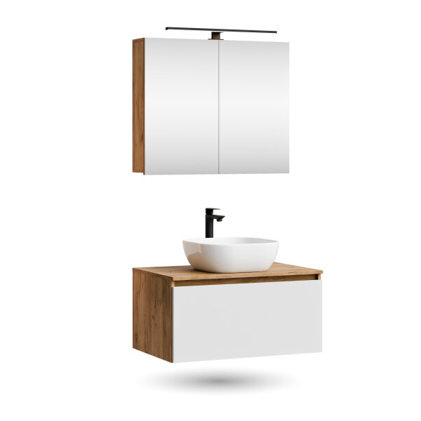 ARISA Badmöbel Set in Weiß - Mit Spiegelschrank "ARIA" und weißem Keramik-Aufsatzwaschbecken 42 cm