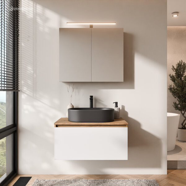 ARISA Badmöbel Set in Weiß - Mit Spiegelschrank "ARIA" und schwarzem Keramik-Aufsatzwaschbecken 55 cm