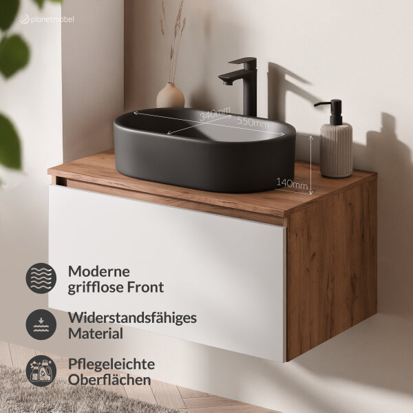 ARISA Badmöbel Set in Weiß - Mit Spiegelschrank "ARIA" und schwarzem Keramik-Aufsatzwaschbecken 55 cm