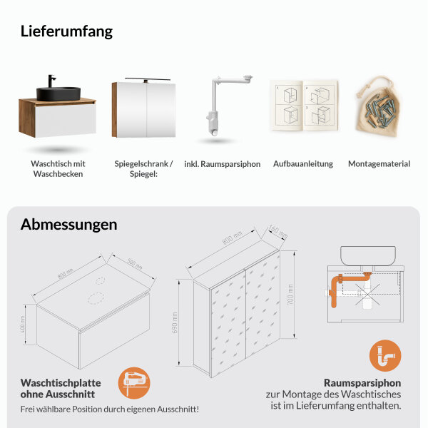ARISA Badmöbel Set in Weiß - Mit Spiegelschrank "ARIA" und schwarzem Keramik-Aufsatzwaschbecken 55 cm