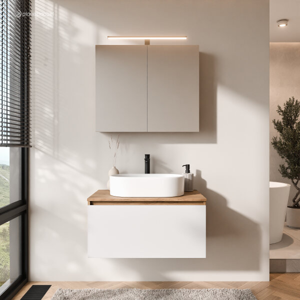 ARISA Badmöbel Set in Weiß - Mit Spiegelschrank "ARIA" und weißem Keramik-Aufsatzwaschbecken 55 cm