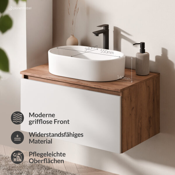 ARISA Badmöbel Set in Weiß - Mit Spiegelschrank "ARIA" und weißem Keramik-Aufsatzwaschbecken 55 cm