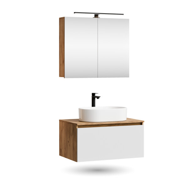 ARISA Badmöbel Set in Weiß - Mit Spiegelschrank "ARIA" und weißem Keramik-Aufsatzwaschbecken 55 cm