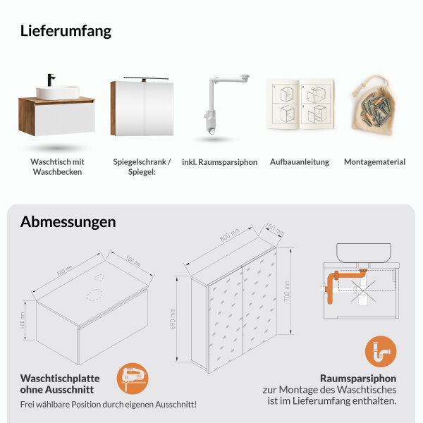 ARISA Badmöbel Set in Weiß - Mit Spiegelschrank "ARIA" und weißem Keramik-Aufsatzwaschbecken 55 cm