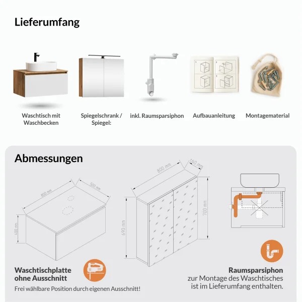 Ensemble de meubles de salle de bains ARISA en blanc - Avec armoire de toilette « ARIA » et lavabo à poser en céramique blanche de 55 cm