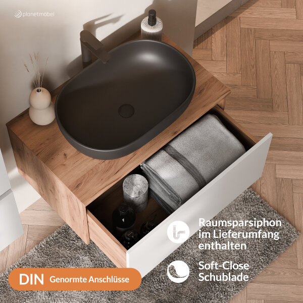 ARISA Badmöbel Set in Weiß - Mit Spiegelschrank "ARIA" und schwarzem Keramik-Aufsatzwaschbecken 60 cm