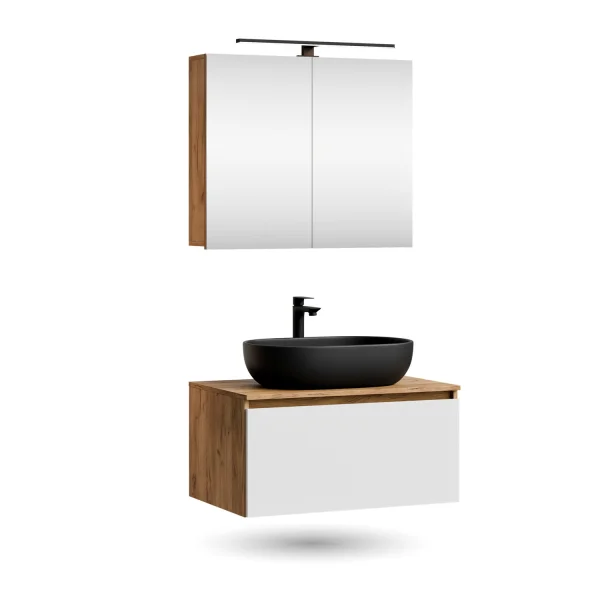 Ensemble de meubles de salle de bains ARISA en blanc - Avec armoire de toilette « ARIA » et lavabo à poser en céramique noir de 60 cm