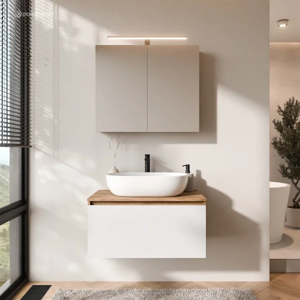 Ensemble de meubles de salle de bains ARISA en blanc - Avec armoire de toilette « ARIA » et lavabo à poser en céramique blanche de 60 cm