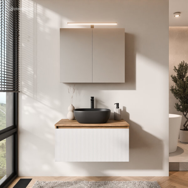 ARISA Badmöbel Set in Weiß Geriffelt - Mit Spiegelschrank "ARIA" und schwarzem Keramik-Aufsatzwaschbecken 42 cm