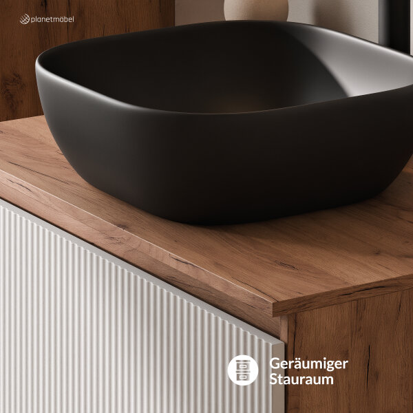 ARISA Badmöbel Set in Weiß Geriffelt - Mit Spiegelschrank "ARIA" und schwarzem Keramik-Aufsatzwaschbecken 42 cm