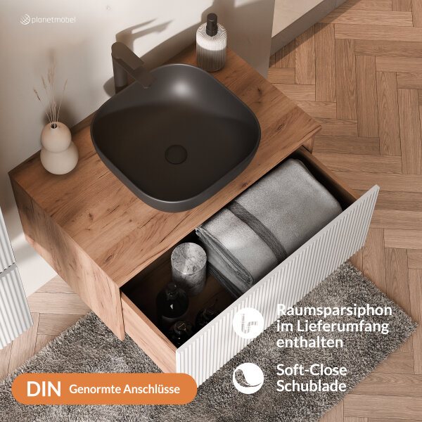 ARISA Badmöbel Set in Weiß Geriffelt - Mit Spiegelschrank "ARIA" und schwarzem Keramik-Aufsatzwaschbecken 42 cm