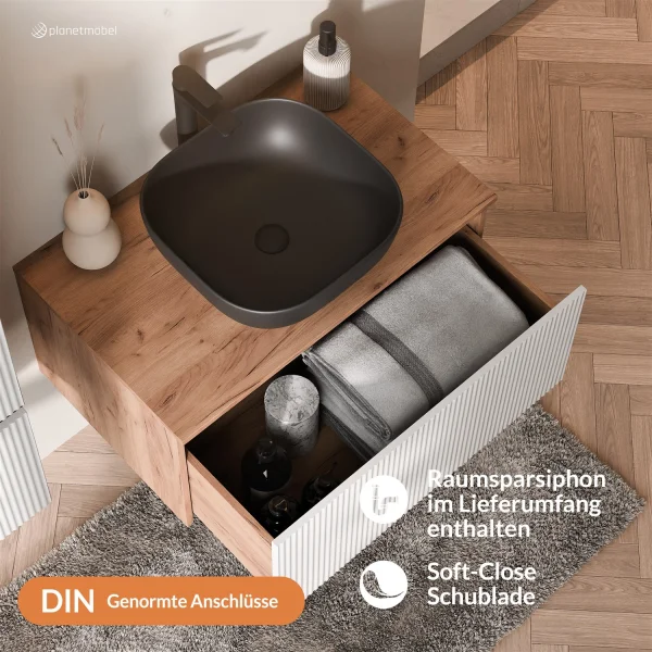 Ensemble de meubles de salle de bains ARISA en blanc strié - Avec armoire de toilette « ARIA » et lavabo à poser en céramique noire de 42 cm