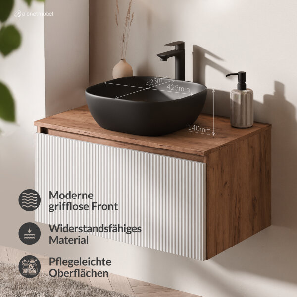 ARISA Badmöbel Set in Weiß Geriffelt - Mit Spiegelschrank "ARIA" und schwarzem Keramik-Aufsatzwaschbecken 42 cm