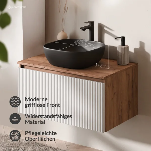 Ensemble de meubles de salle de bains ARISA en blanc strié - Avec armoire de toilette « ARIA » et lavabo à poser en céramique noire de 42 cm