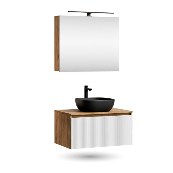 ARISA Badmöbel Set in Weiß Geriffelt - Mit Spiegelschrank "ARIA" und schwarzem Keramik-Aufsatzwaschbecken 42 cm