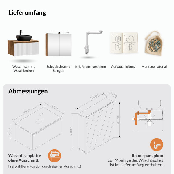 ARISA Badmöbel Set in Weiß Geriffelt - Mit Spiegelschrank "ARIA" und schwarzem Keramik-Aufsatzwaschbecken 42 cm