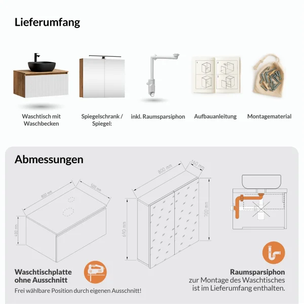 Ensemble de meubles de salle de bains ARISA en blanc strié - Avec armoire de toilette « ARIA » et lavabo à poser en céramique noire de 42 cm
