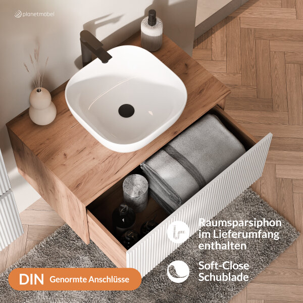 ARISA Badmöbel Set in Weiß Geriffelt - Mit Spiegelschrank "ARIA" und weißem Keramik-Aufsatzwaschbecken 42 cm