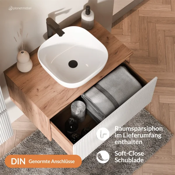 Ensemble de meubles de salle de bains ARISA blanc strié - Avec armoire de toilette « ARIA » et lavabo à poser en céramique blanche de 42 cm