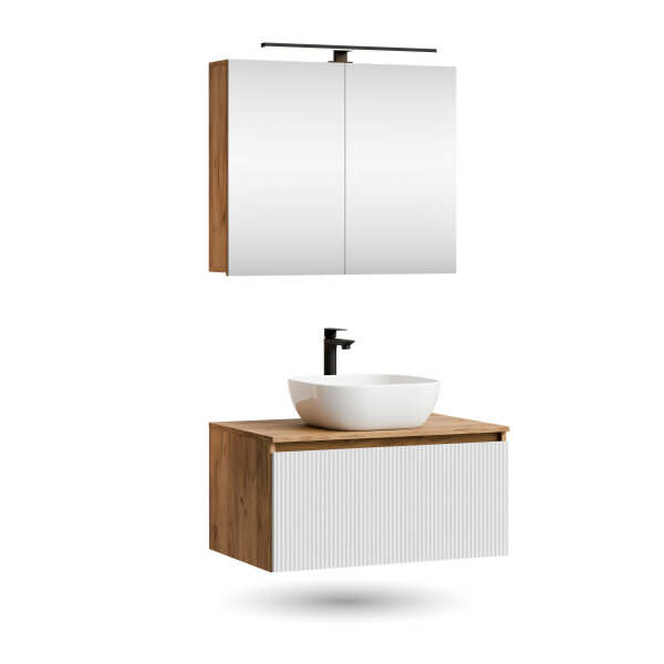 ARISA Badmöbel Set in Weiß Geriffelt - Mit Spiegelschrank "ARIA" und weißem Keramik-Aufsatzwaschbecken 42 cm