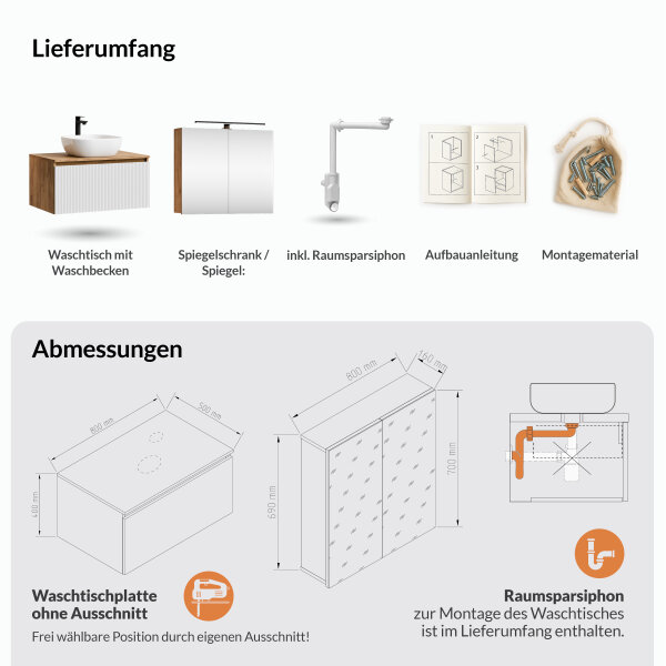 ARISA Badmöbel Set in Weiß Geriffelt - Mit Spiegelschrank "ARIA" und weißem Keramik-Aufsatzwaschbecken 42 cm