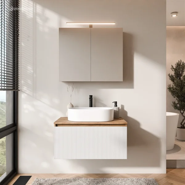 Ensemble de meubles de salle de bains ARISA blanc strié - Avec armoire de toilette « ARIA » et lavabo à poser en céramique blanche de 55 cm