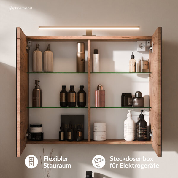 ARISA Badmöbel Set in Weiß Geriffelt - Mit Spiegelschrank "ARIA" und weißem Keramik-Aufsatzwaschbecken 55 cm