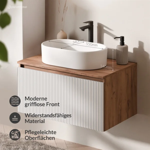 Ensemble de meubles de salle de bains ARISA blanc strié - Avec armoire de toilette « ARIA » et lavabo à poser en céramique blanche de 55 cm