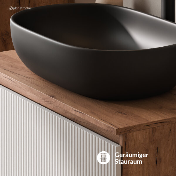 ARISA Badmöbel Set in Weiß Geriffelt - Mit Spiegelschrank "ARIA" und schwarzem Keramik-Aufsatzwaschbecken 60 cm