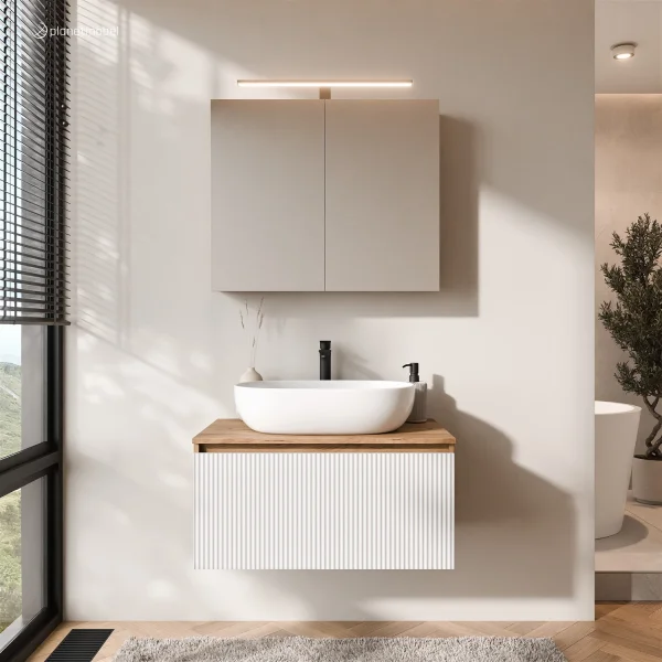 Ensemble de meubles de salle de bains ARISA en blanc strié - Avec armoire de toilette « ARIA » et lavabo à poser en céramique blanche de 60 cm