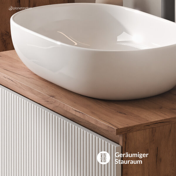 ARISA Badmöbel Set in Weiß Geriffelt - Mit Spiegelschrank "ARIA" und weißem Keramik-Aufsatzwaschbecken 60 cm