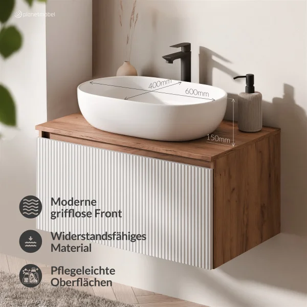 Ensemble de meubles de salle de bains ARISA en blanc strié - Avec armoire de toilette « ARIA » et lavabo à poser en céramique blanche de 60 cm