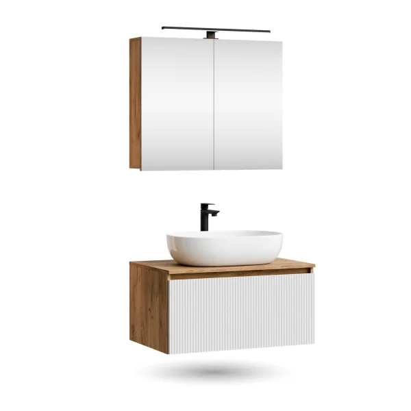 Ensemble de meubles de salle de bains ARISA en blanc strié - Avec armoire de toilette « ARIA » et lavabo à poser en céramique blanche de 60 cm