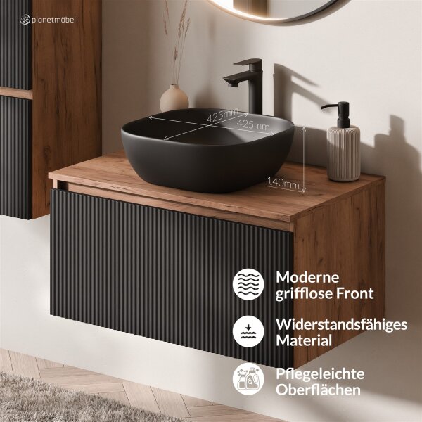 ARISA Badmöbel Set Schwarz Geriffelt – Mit Veluna LED Spiegel und schwarzem Keramik-Aufsatzwaschbecken 42 cm