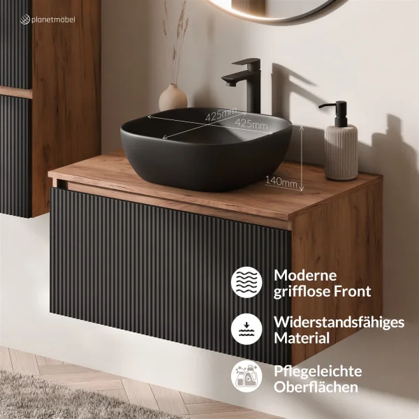 ARISA Bathroom Furniture Set, Black Ribbed – With Veluna LED Mirror and Black Ceramic Countertop Sink (42 cm)