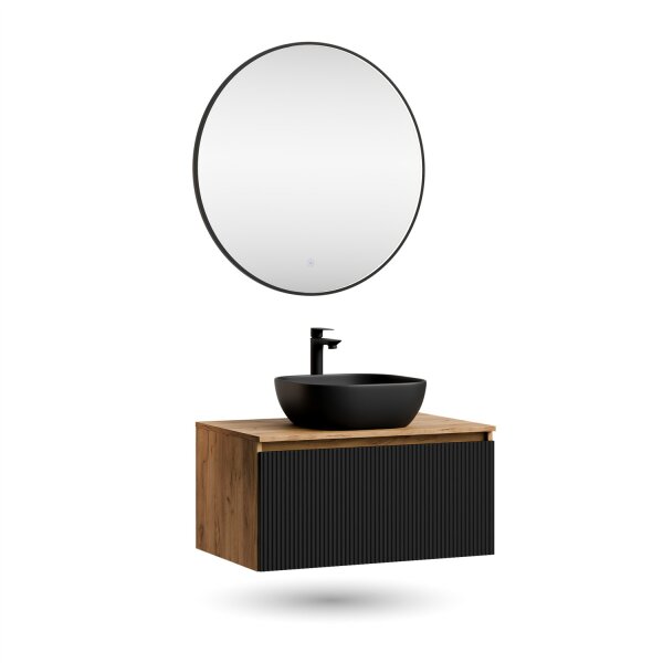 ARISA Badmöbel Set Schwarz Geriffelt – Mit Veluna LED Spiegel und schwarzem Keramik-Aufsatzwaschbecken 42 cm