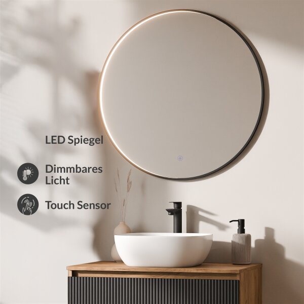 ARISA Badmöbel Set Schwarz Geriffelt – Mit Veluna LED Spiegel und weißem Keramik-Aufsatzwaschbecken 42 cm